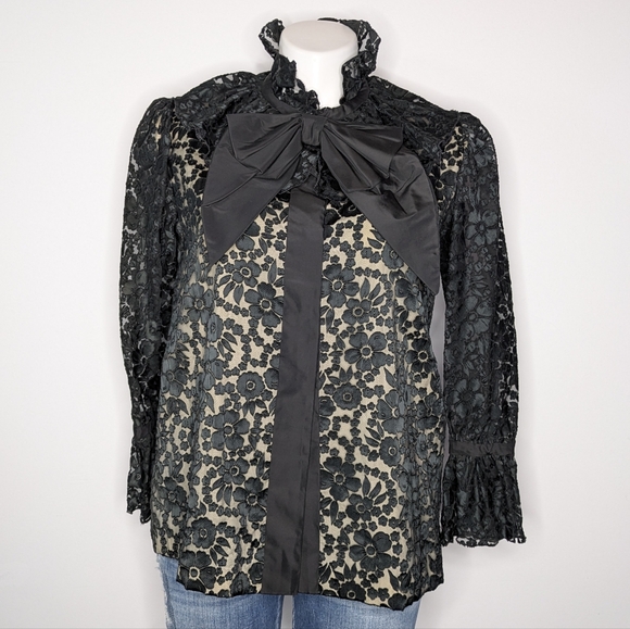 Vintage Custom Made Black Tan Lace Bow Snap Up Long Sleeve Blouse L/XL - Picture 1 of 9